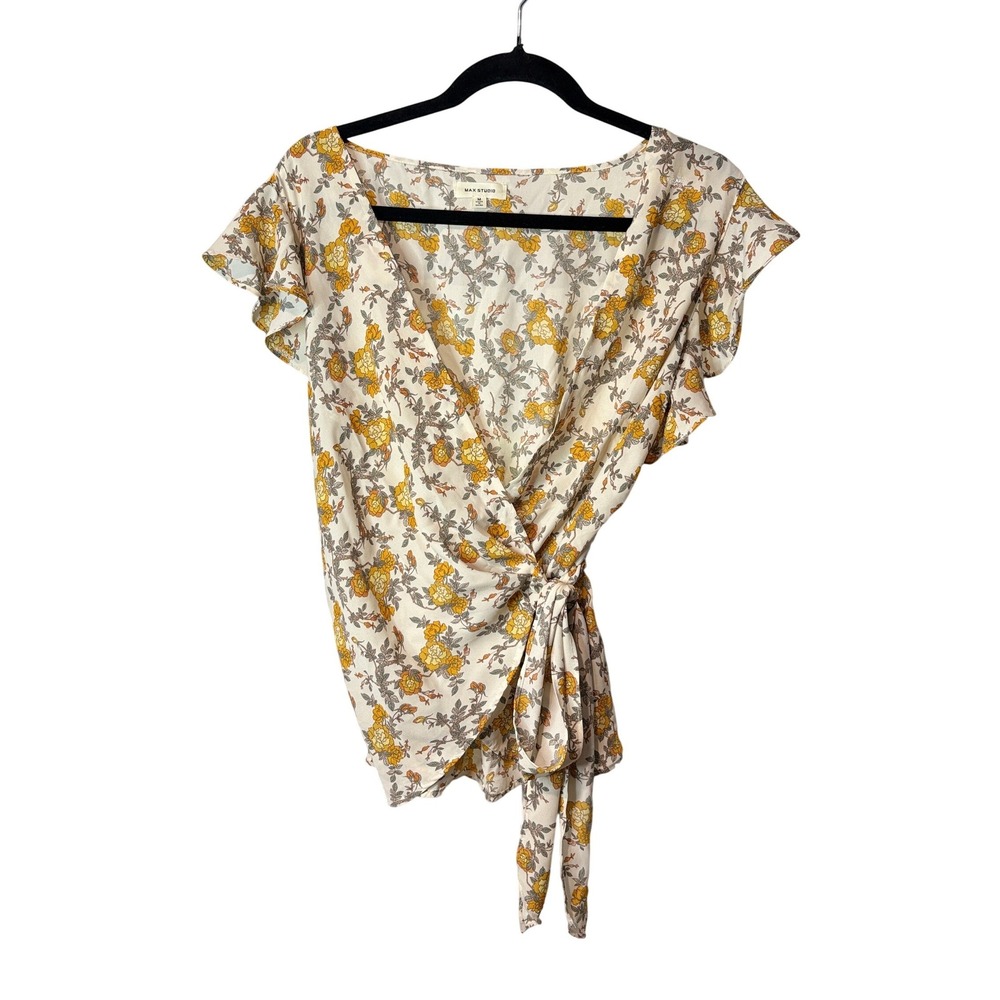 Max Studio Floral Wrap Blouse Yellow Cream Flutter Sleeve Top Medium